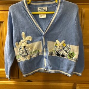 Springtime Creations Boy’s Easter Bunny Blue Cotton Cardigan Sweater Size 2T